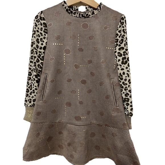 IMOGA Oscar Style Dress Beige & Gold Polka Dot Tiger Print Sleeves Size 4 - Picture 1 of 6